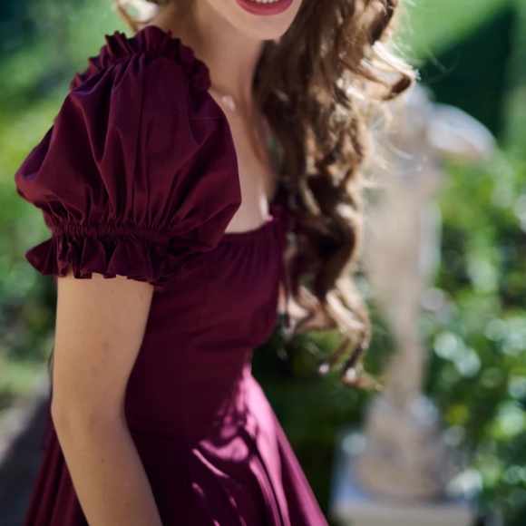 NEW Selkie The Bordeaux Foxglove Lace Up Midi Cotton Dress - Burgundy Wine Red - Picture 10 of 11